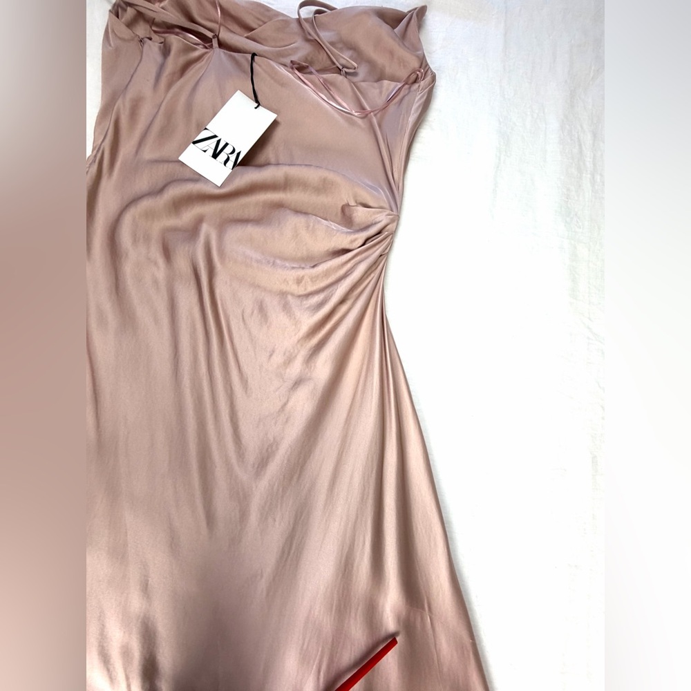 Zara Blush Cowl Neck Spaghetti Strap Slip Dress Asymmetrical Hem M - Picture 13 of 16